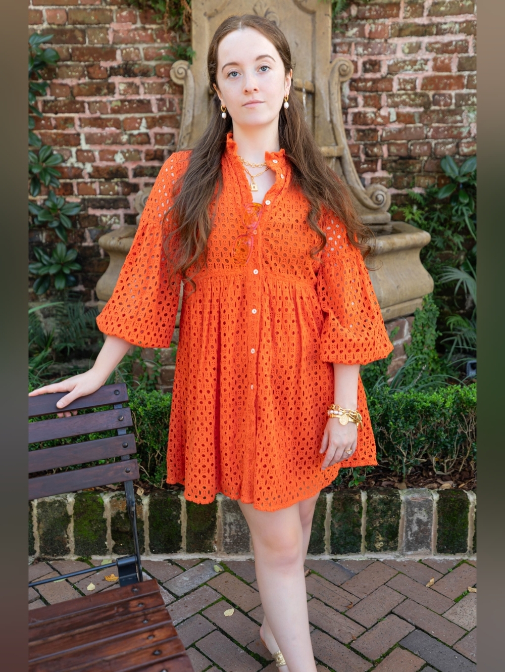 Jude Connally Orange Eyelet Button-Front Lined Dress Sz Medium